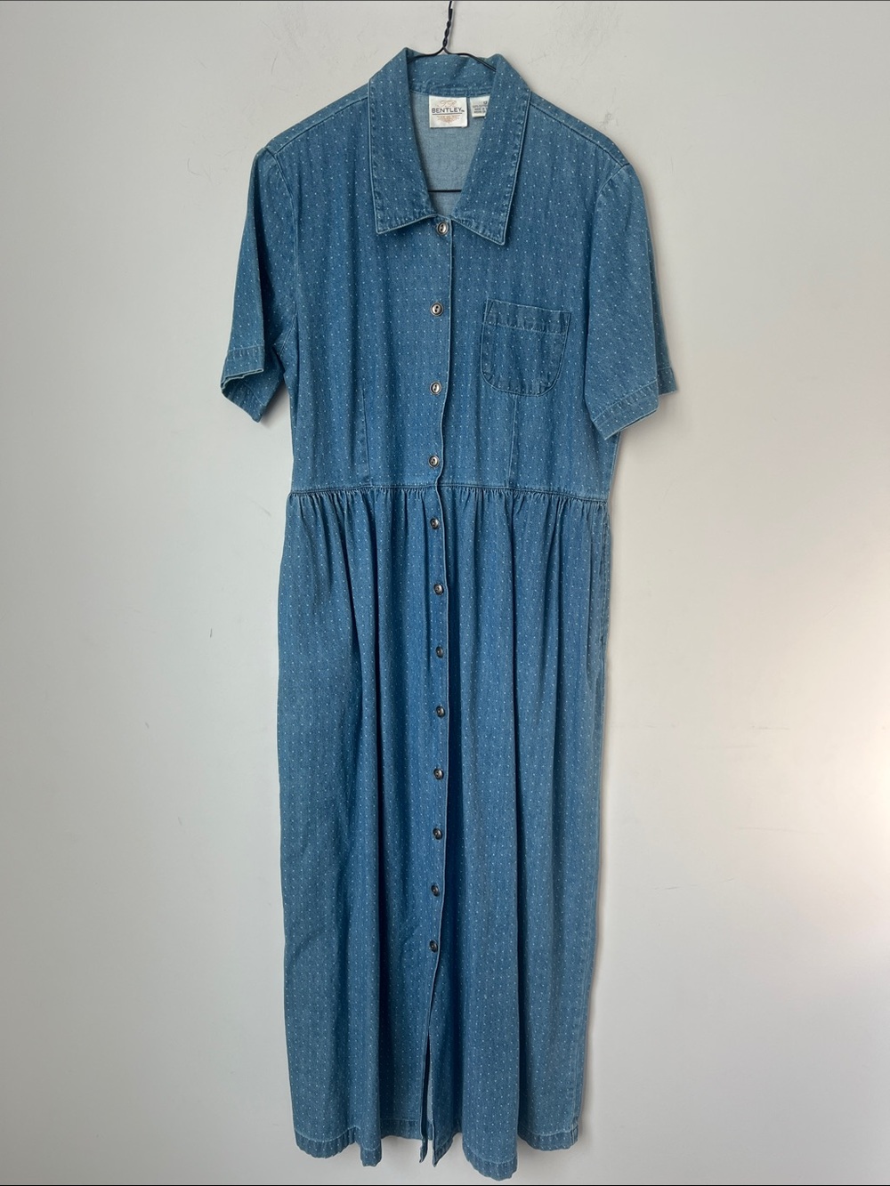 Vintage 90s Chambray Polka Dot Button Front Midi Dress 12 🟩